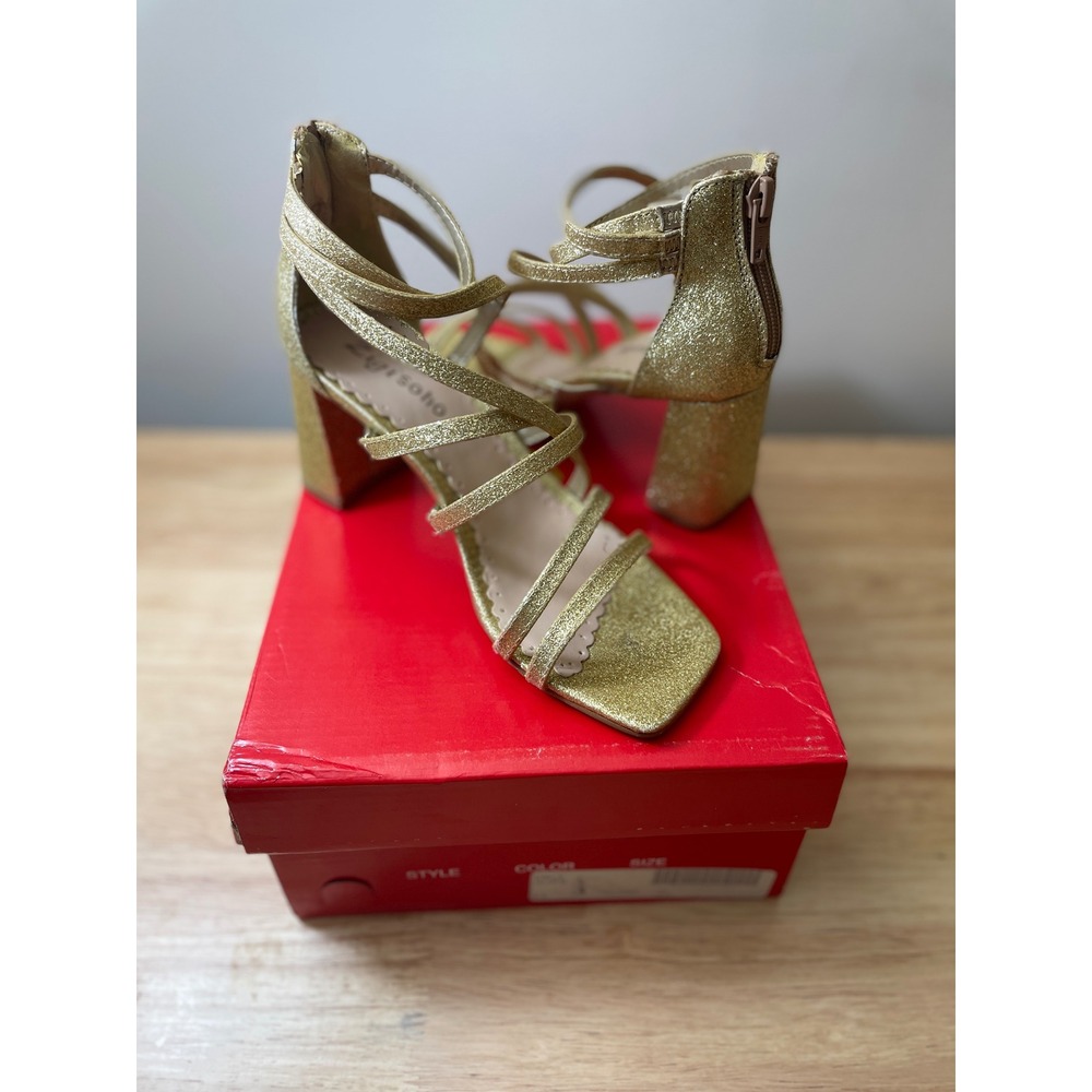 Zigi Soho Emila Gold Glitter Strappy Block Heel Sandals Women's Size 6.5 NWT